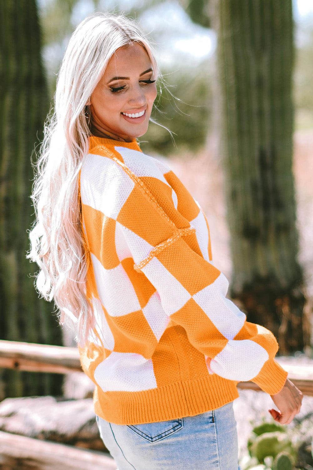 Orange Checkered Bishop Sleeve Sweater - ShalayeFashion