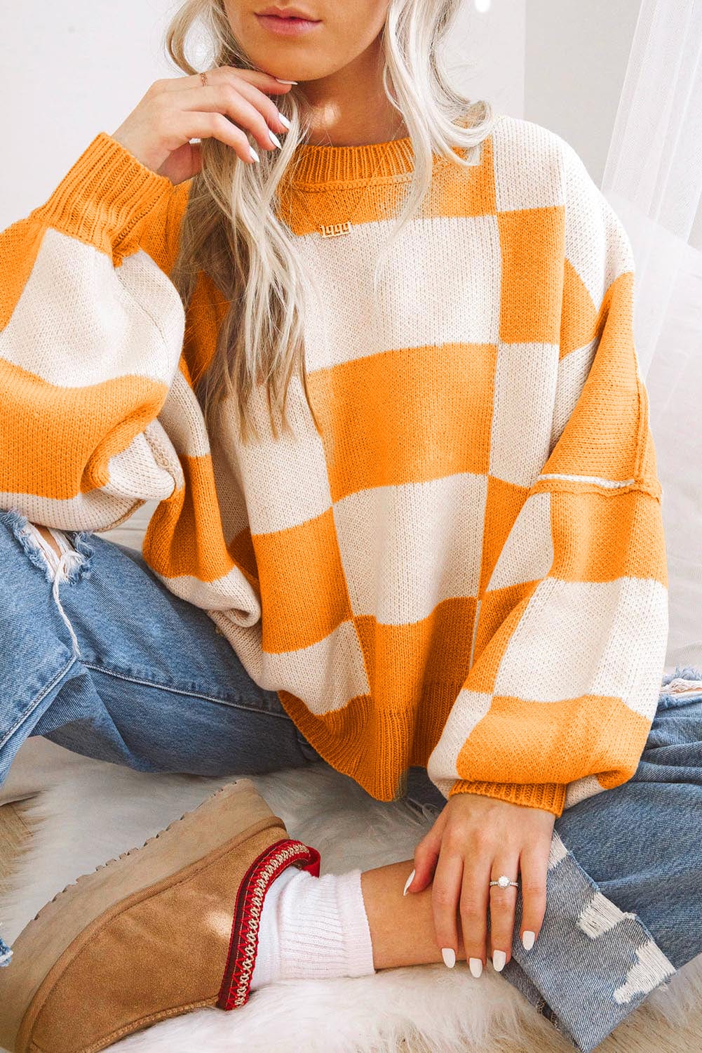 Orange Checkered Bishop Sleeve Sweater - ShalayeFashion