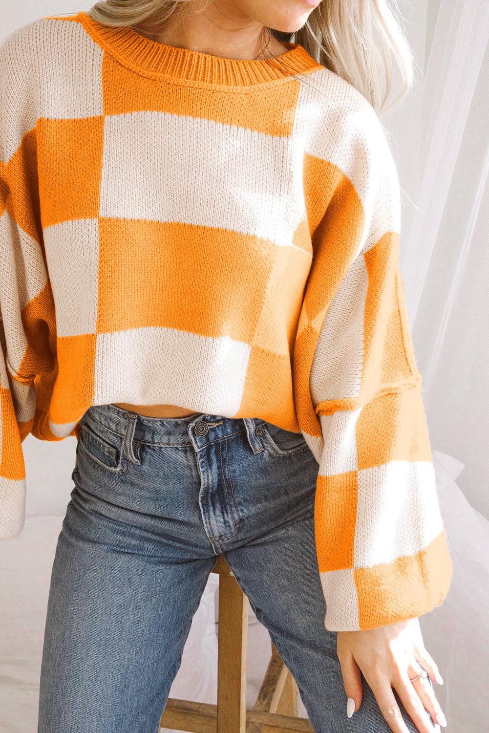 Orange Checkered Bishop Sleeve Sweater - ShalayeFashion