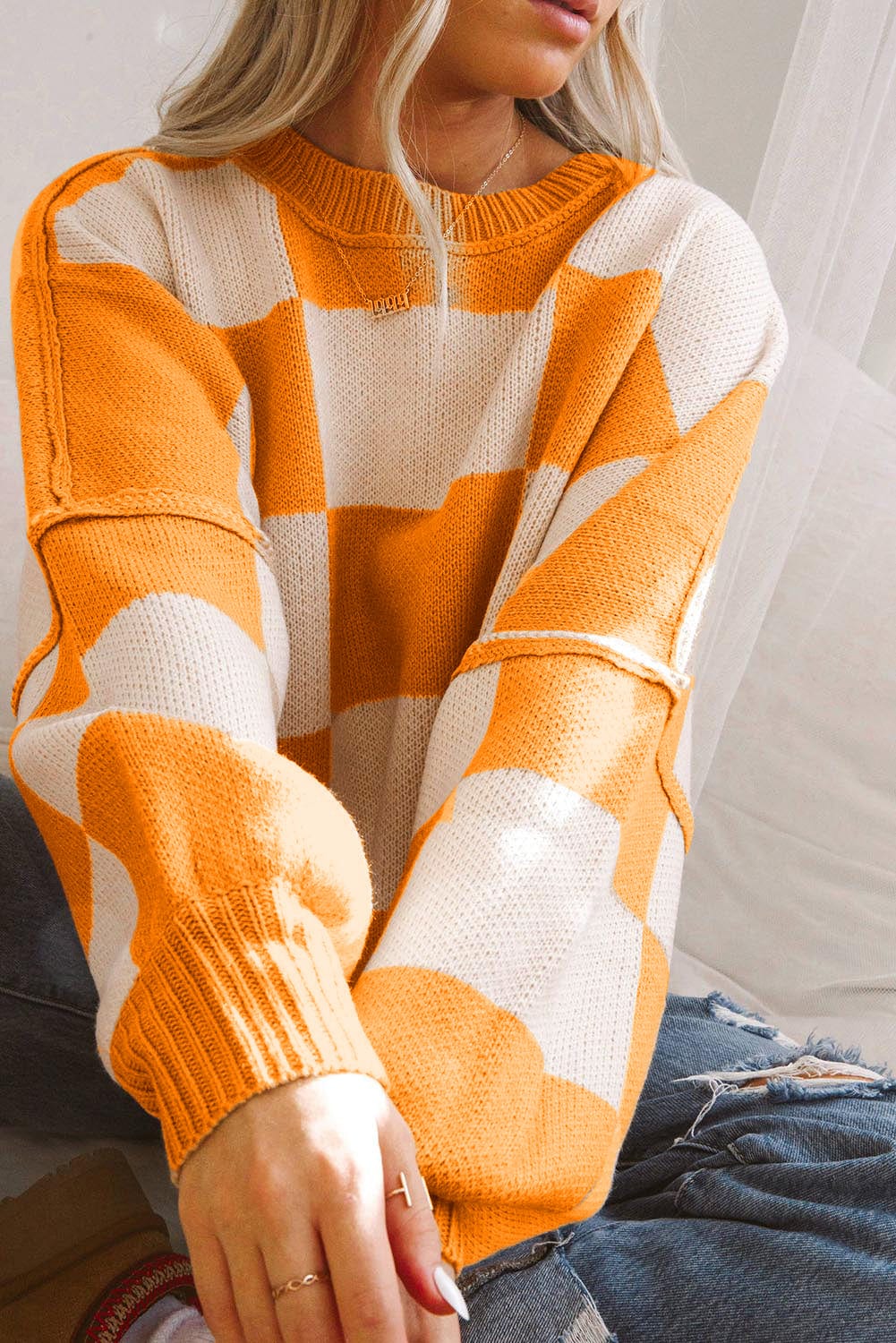 Orange Checkered Bishop Sleeve Sweater - ShalayeFashion