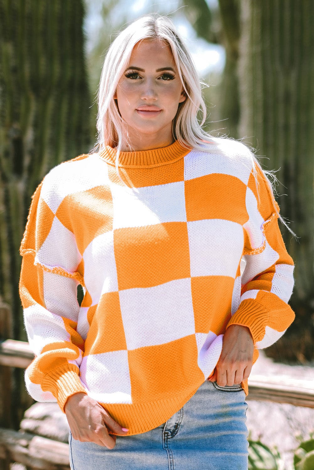 Orange Checkered Bishop Sleeve Sweater - ShalayeFashion