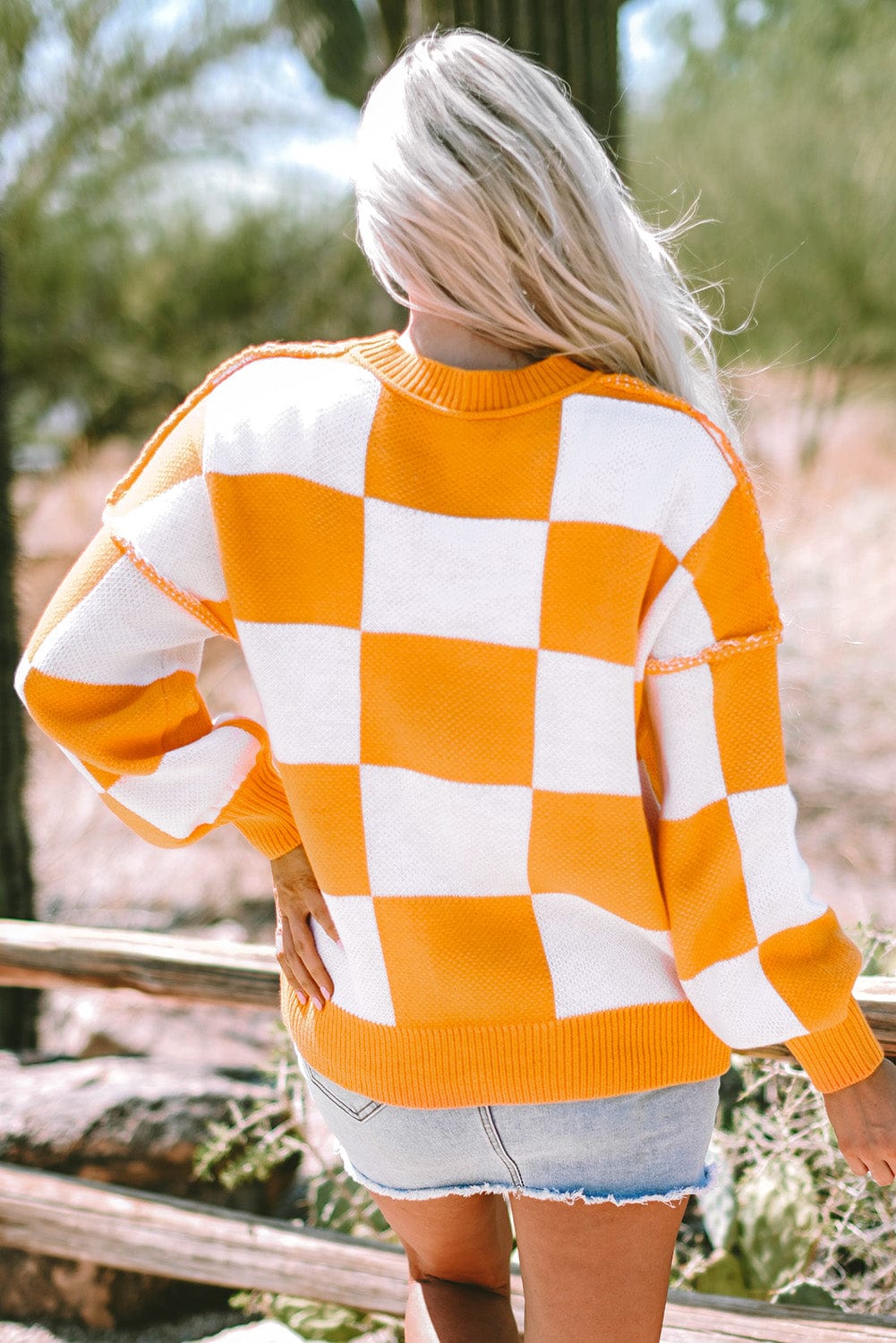Orange Checkered Bishop Sleeve Sweater - ShalayeFashion