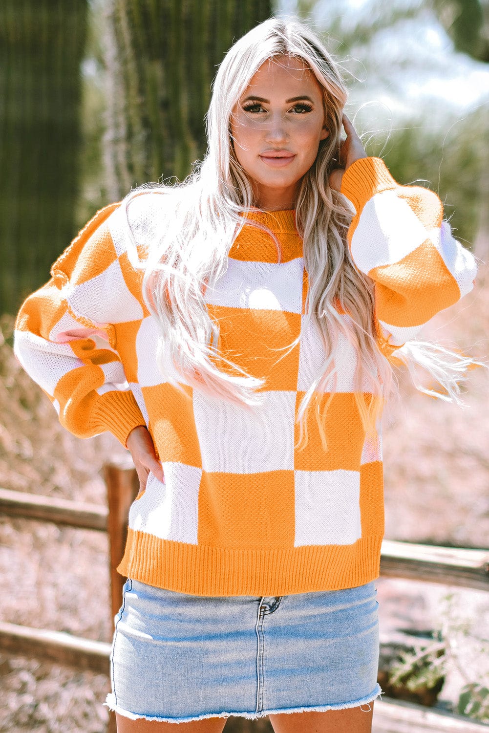 Orange Checkered Bishop Sleeve Sweater - ShalayeFashion