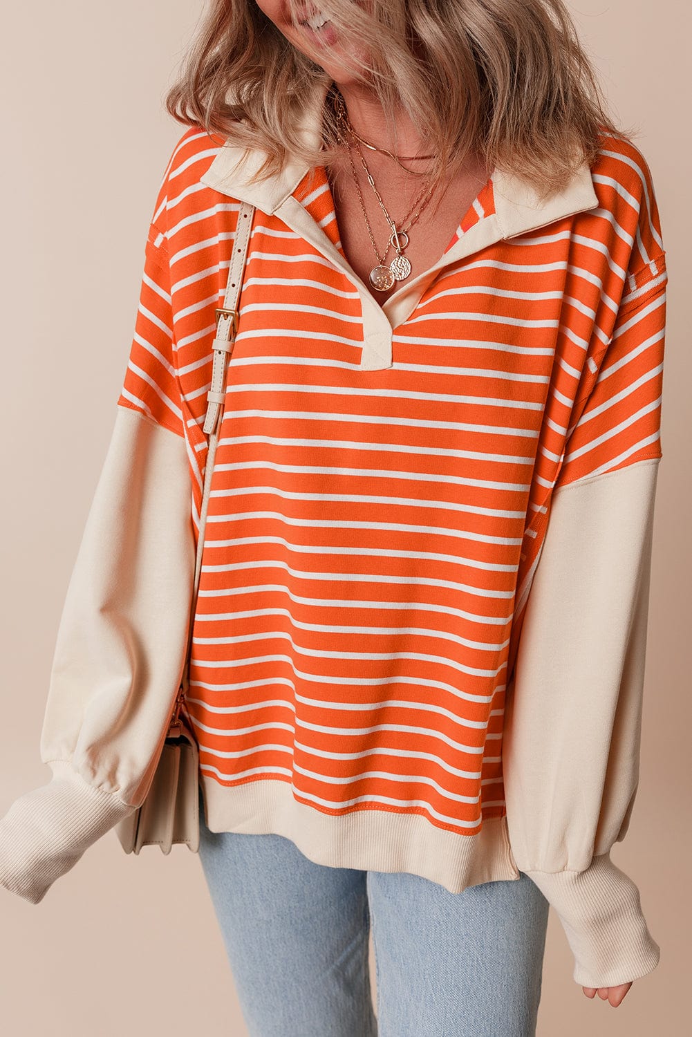 Orange Stripe Color Block Sweatshirt - ShalayeFashion