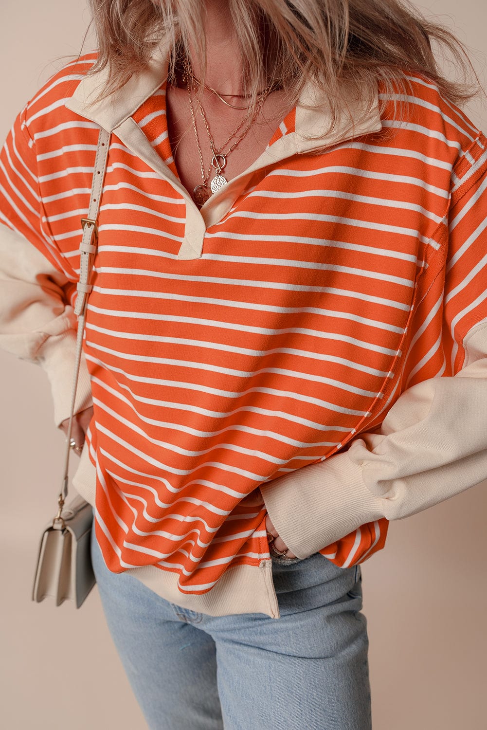 Orange Stripe Color Block Sweatshirt - ShalayeFashion