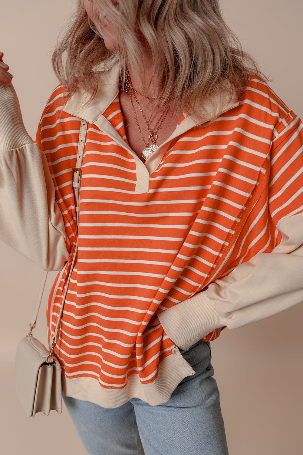 Orange Stripe Color Block Sweatshirt - ShalayeFashion