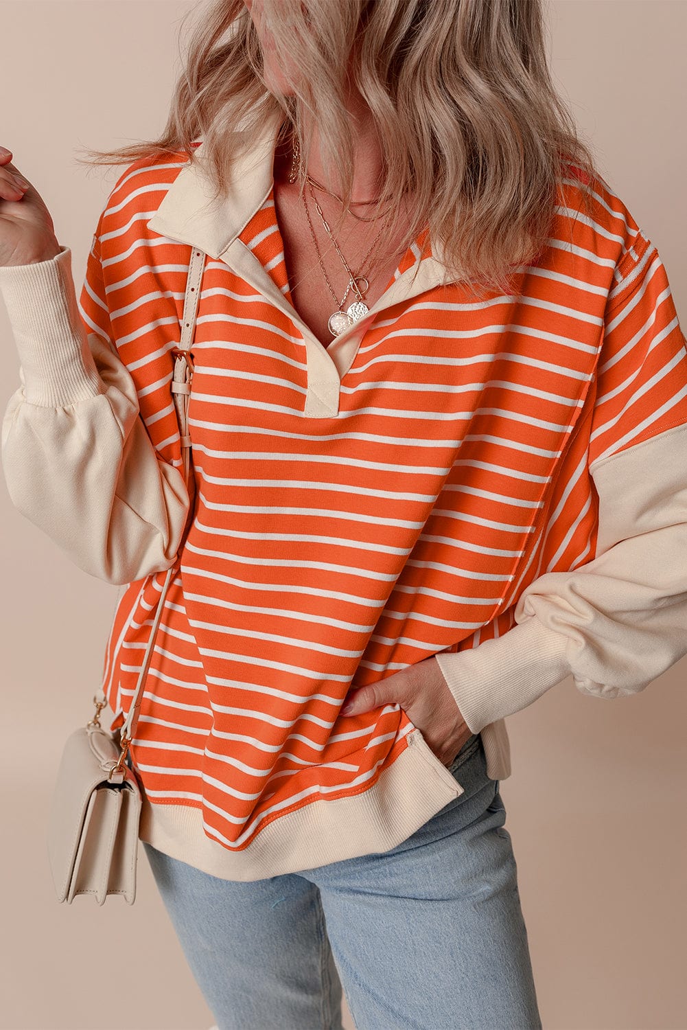 Orange Stripe Color Block Sweatshirt - ShalayeFashion