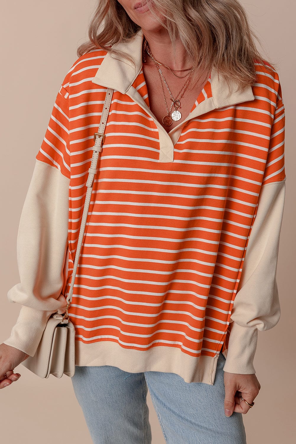 Orange Stripe Color Block Sweatshirt - ShalayeFashion