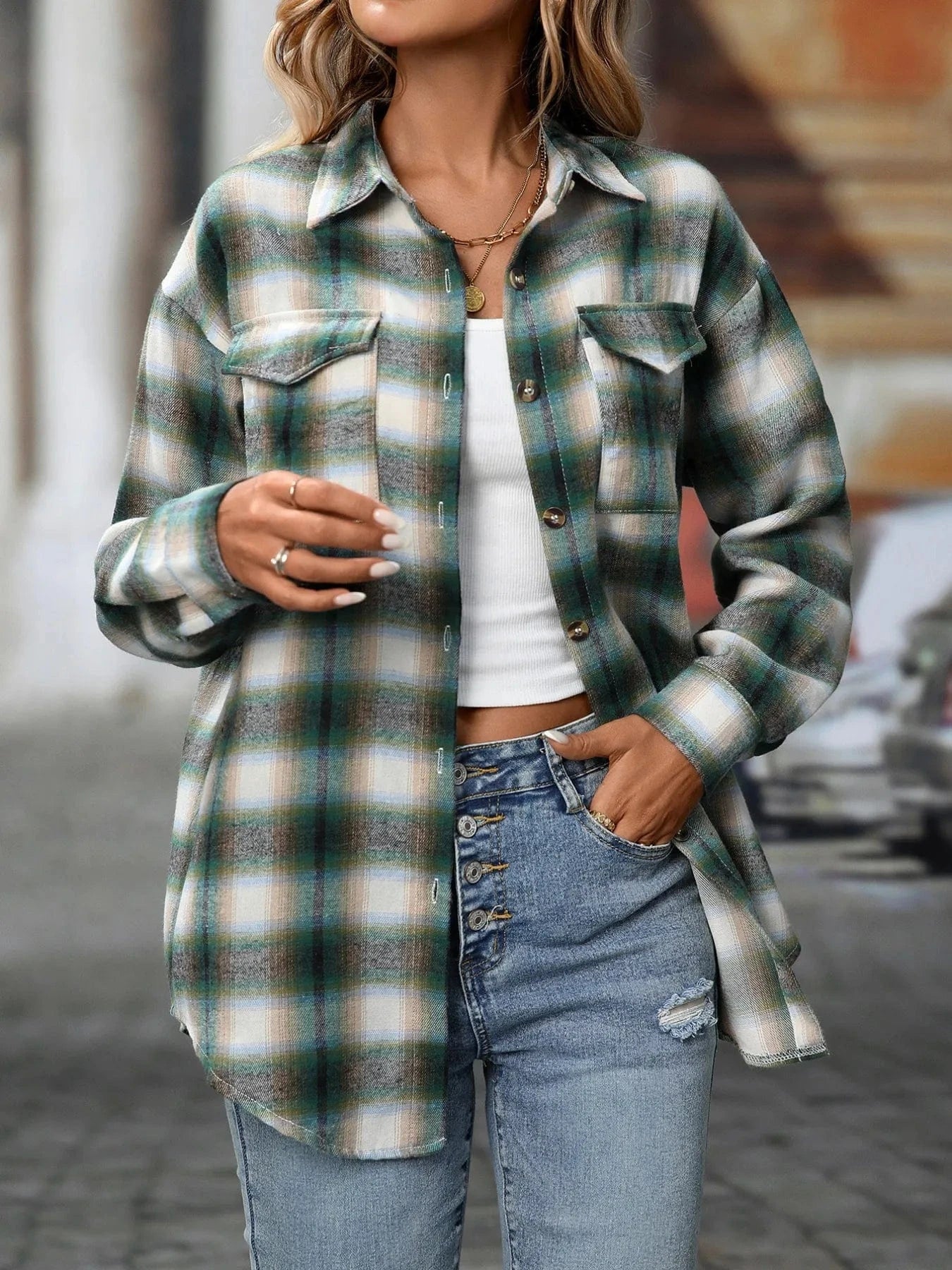 Oversized Plaid Button - Up Shirt - ShalayeFashion