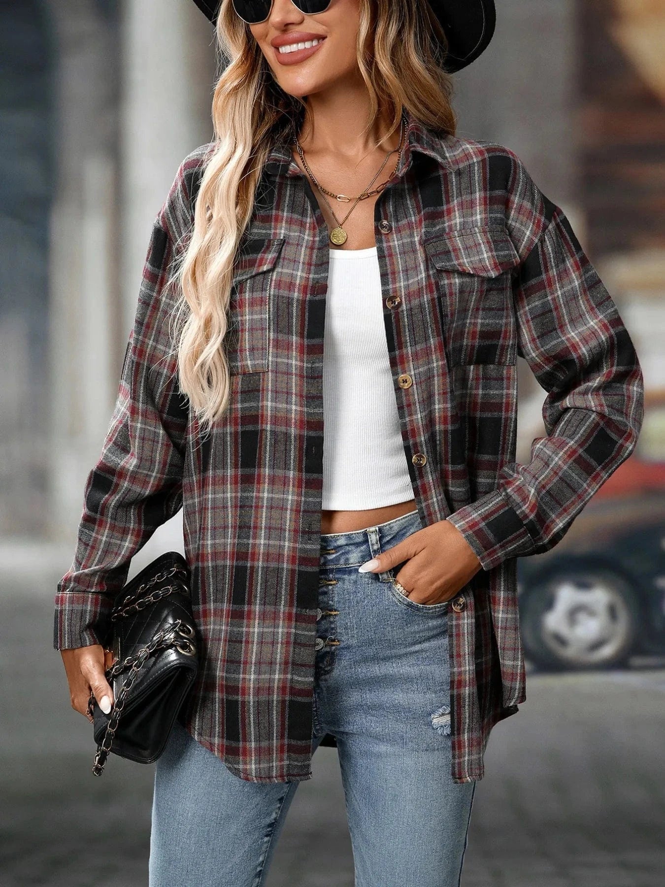 Oversized Plaid Button - Up Shirt - ShalayeFashion