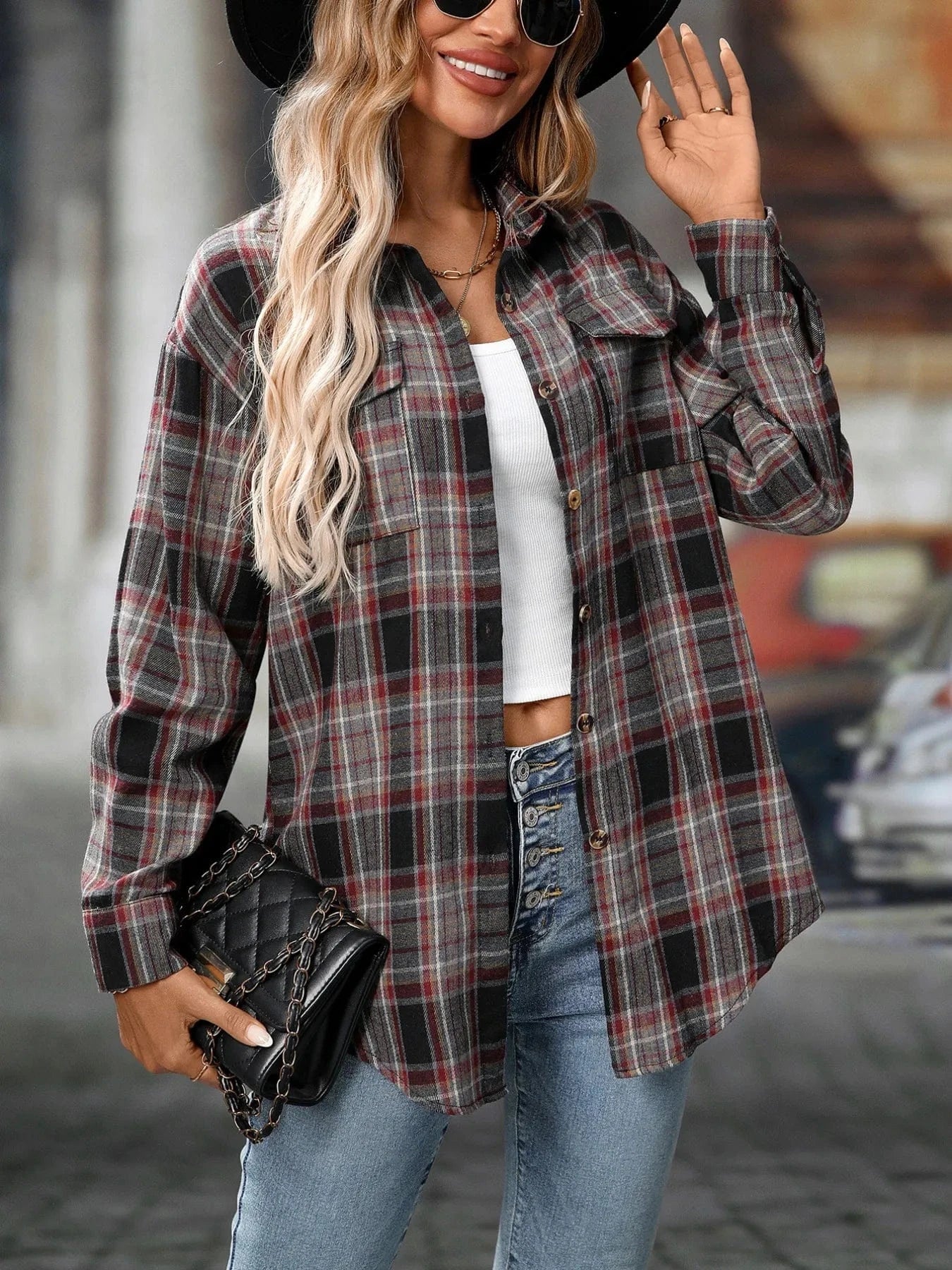Oversized Plaid Button - Up Shirt - ShalayeFashion