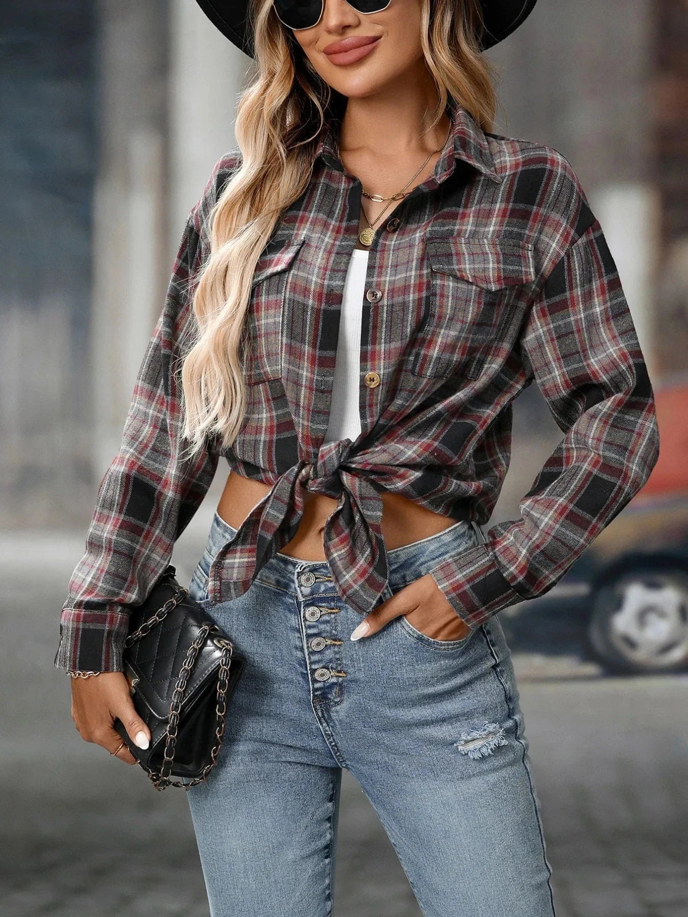 Oversized Plaid Button - Up Shirt - ShalayeFashion