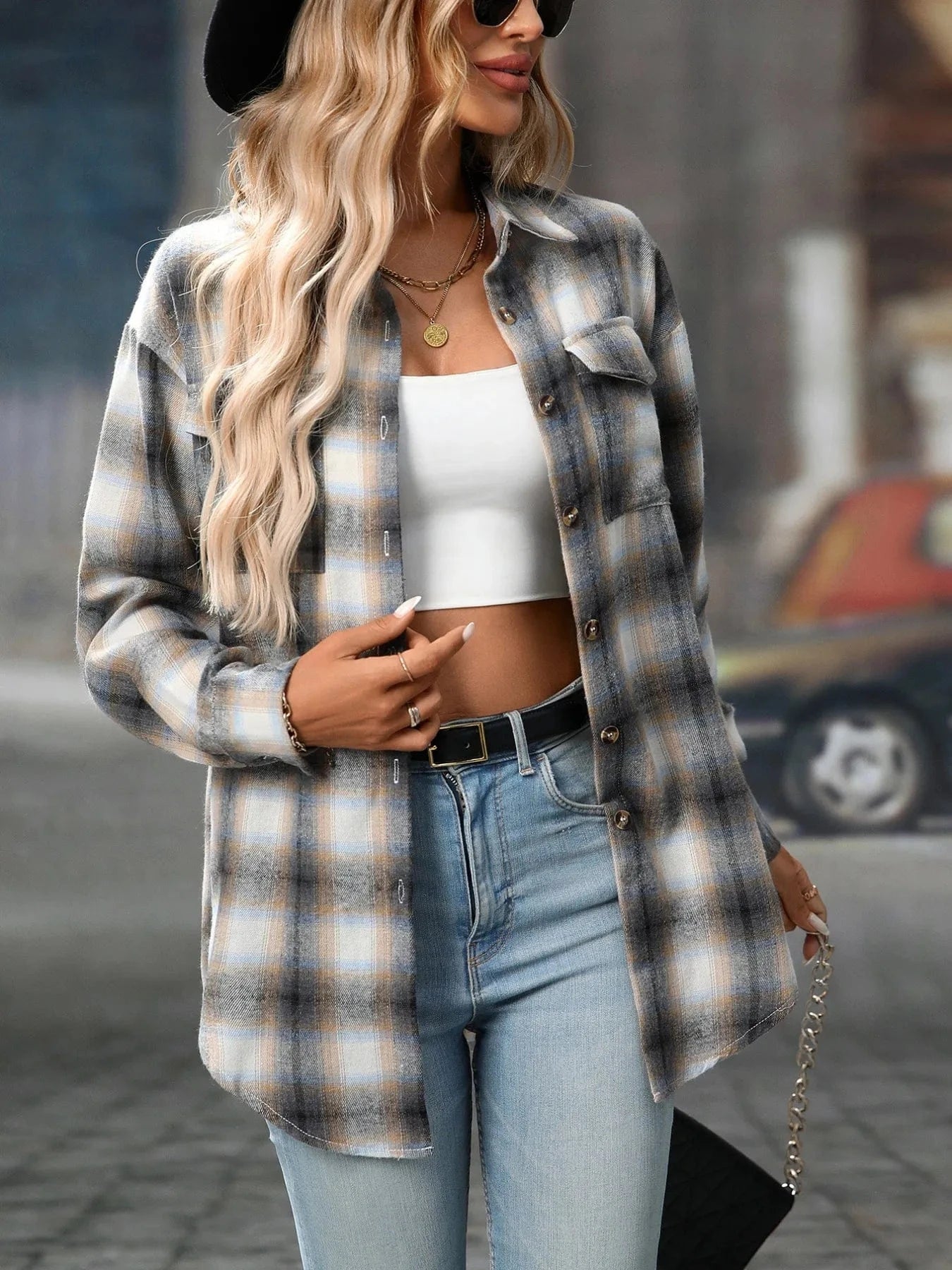 Oversized Plaid Button - Up Shirt - ShalayeFashion