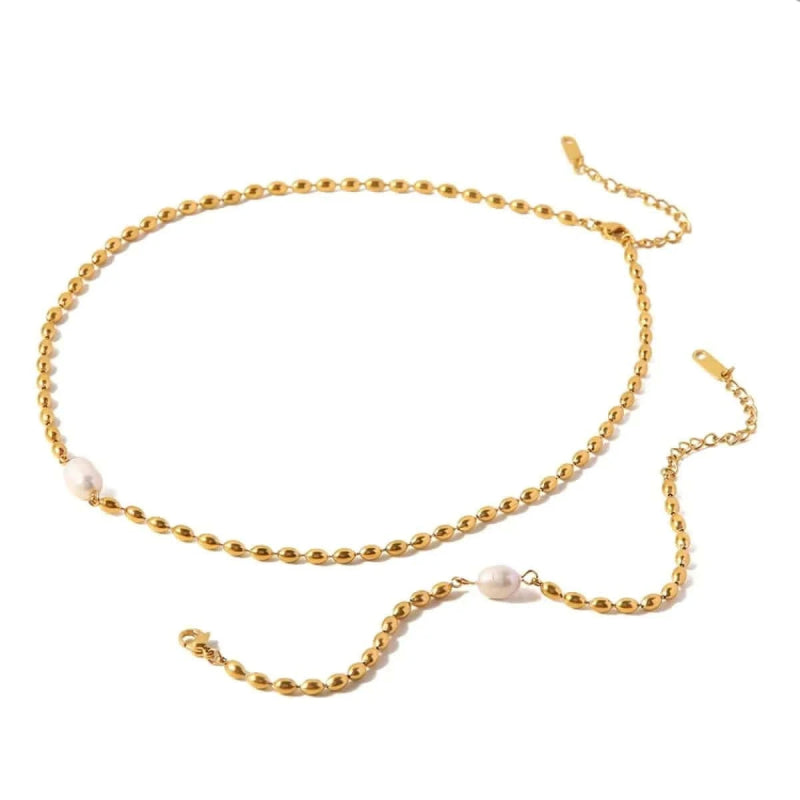Pearl and Gold Chain Jewelry Set with Necklace and Bracelet - ShalayeFashion