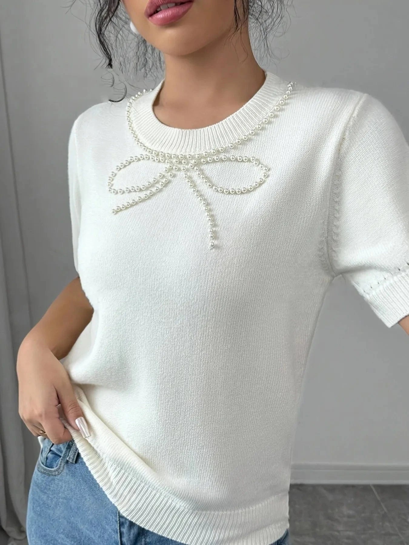 Pearl Bow Embellished Round Neck Sweater - ShalayeFashion