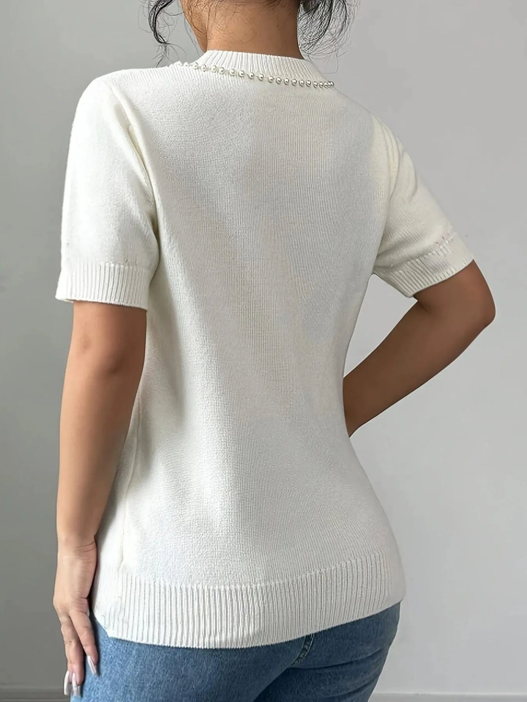 Pearl Bow Embellished Round Neck Sweater - ShalayeFashion