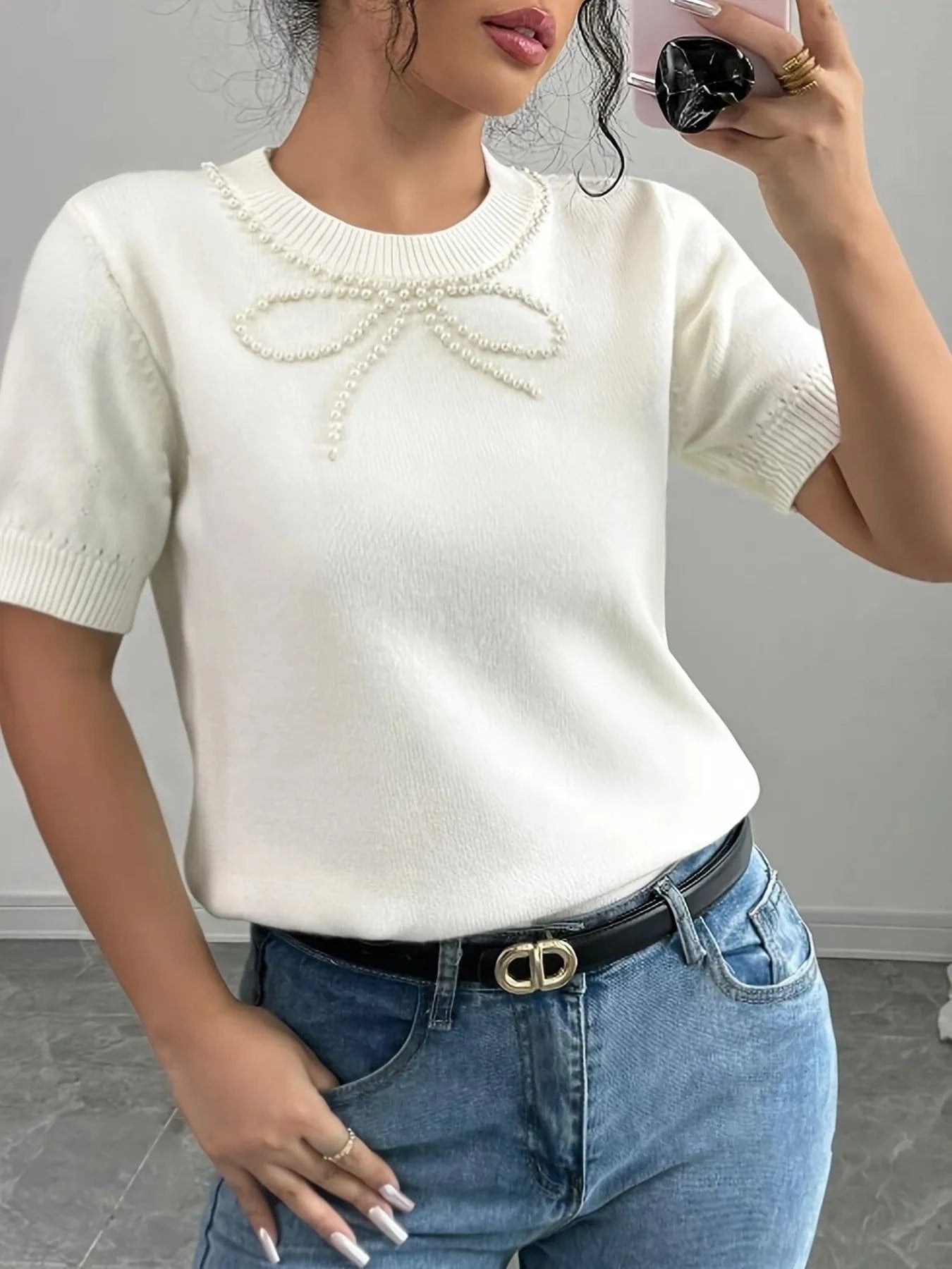 Pearl Bow Embellished Round Neck Sweater - ShalayeFashion