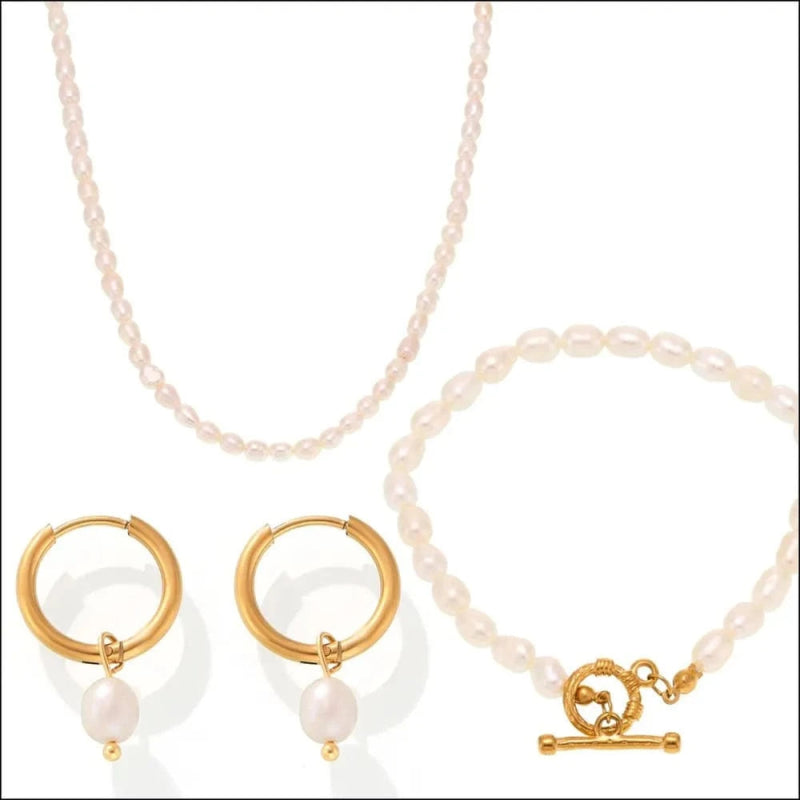 Pearl Necklace, Bracelet and Earrings 4 - Piece Jewelry Set - ShalayeFashion