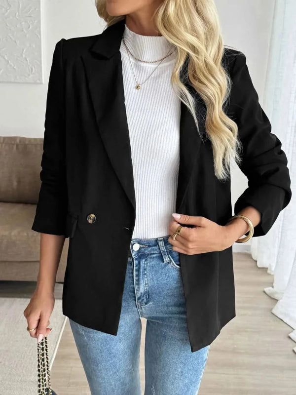 Perfee Lapel Collar Long Sleeve Blazer - ShalayeFashion