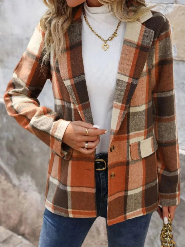 Perfee Plaid Button Down Lapel Collar Blazer - ShalayeFashion
