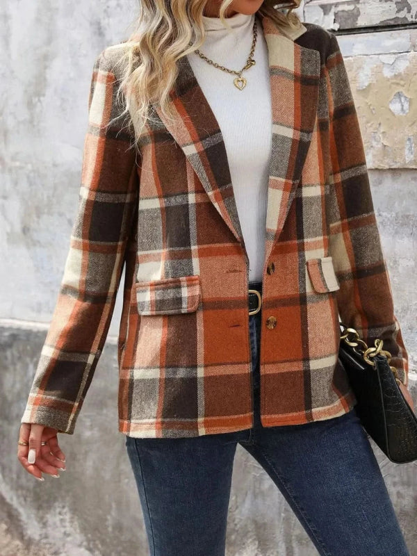 Perfee Plaid Button Down Lapel Collar Blazer - ShalayeFashion
