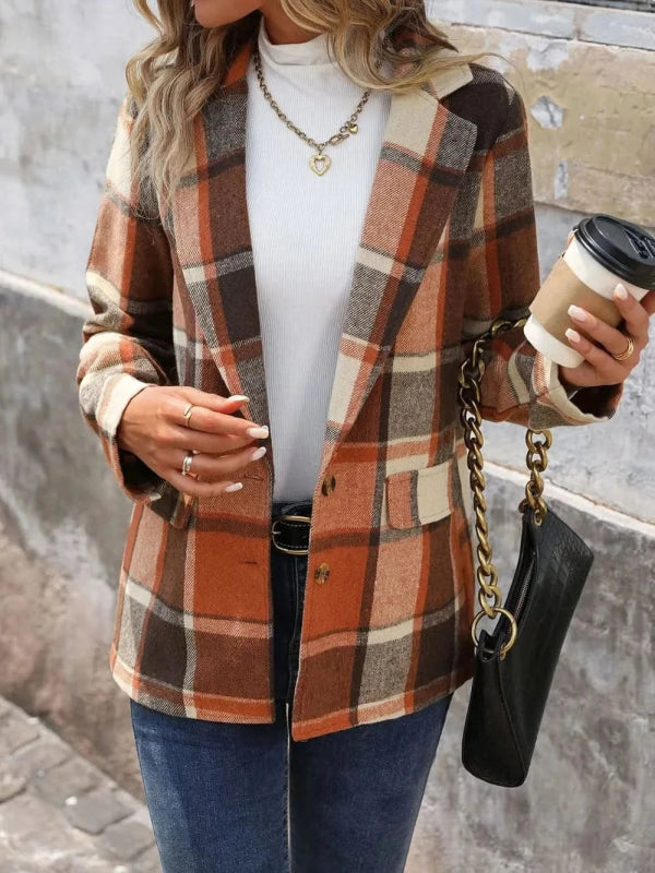 Perfee Plaid Button Down Lapel Collar Blazer - ShalayeFashion