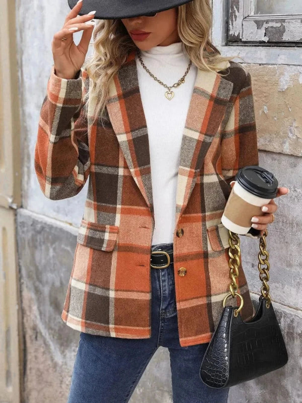 Perfee Plaid Button Down Lapel Collar Blazer - ShalayeFashion