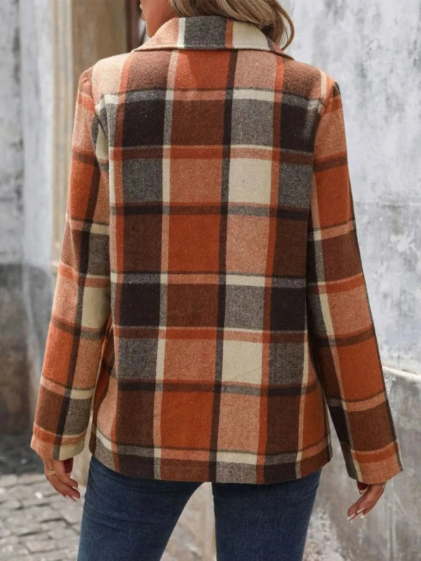 Perfee Plaid Button Down Lapel Collar Blazer - ShalayeFashion