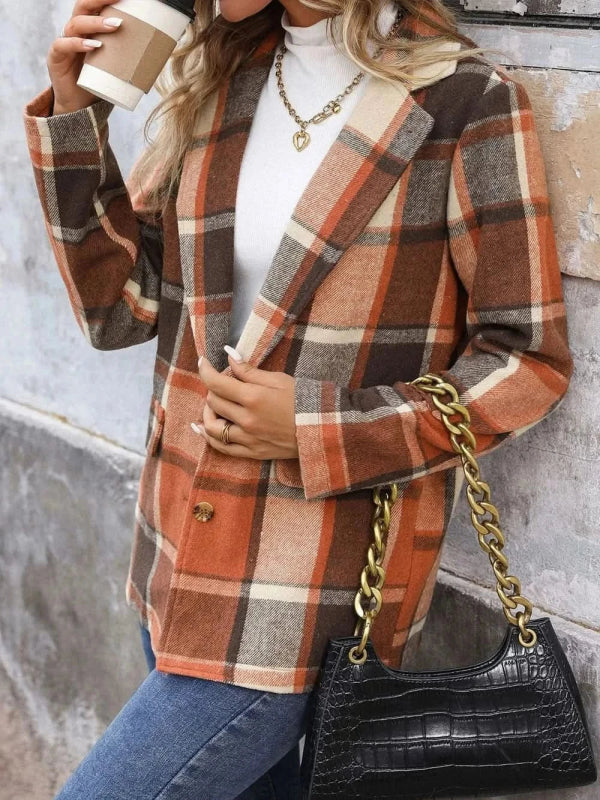 Perfee Plaid Button Down Lapel Collar Blazer - ShalayeFashion