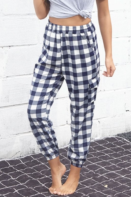Perfee Plaid Elastic High Waist Cargo Pants - ShalayeFashion