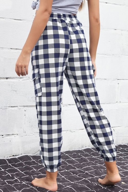 Perfee Plaid Elastic High Waist Cargo Pants - ShalayeFashion