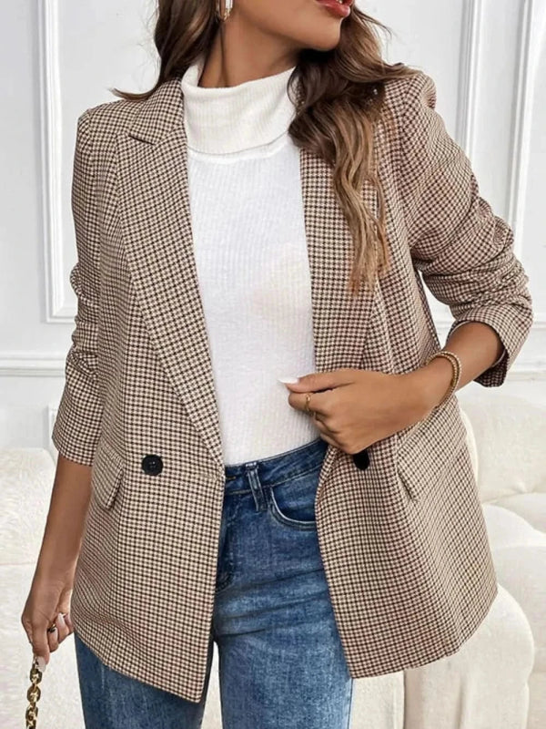 Perfee Plaid Lapel Collar Long Sleeve Blazer - ShalayeFashion