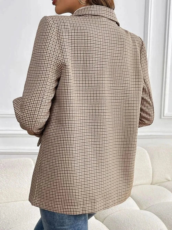 Perfee Plaid Lapel Collar Long Sleeve Blazer - ShalayeFashion