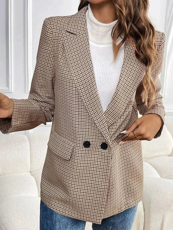 Perfee Plaid Lapel Collar Long Sleeve Blazer - ShalayeFashion