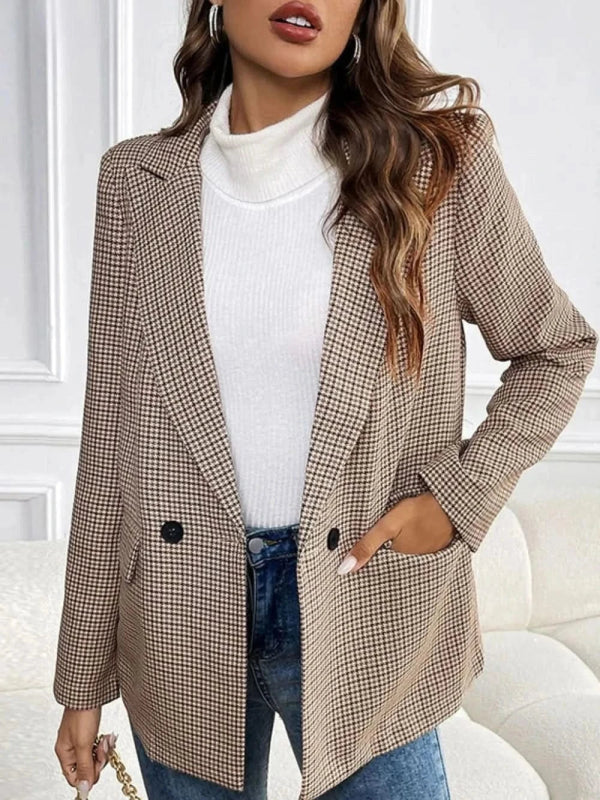Perfee Plaid Lapel Collar Long Sleeve Blazer - ShalayeFashion