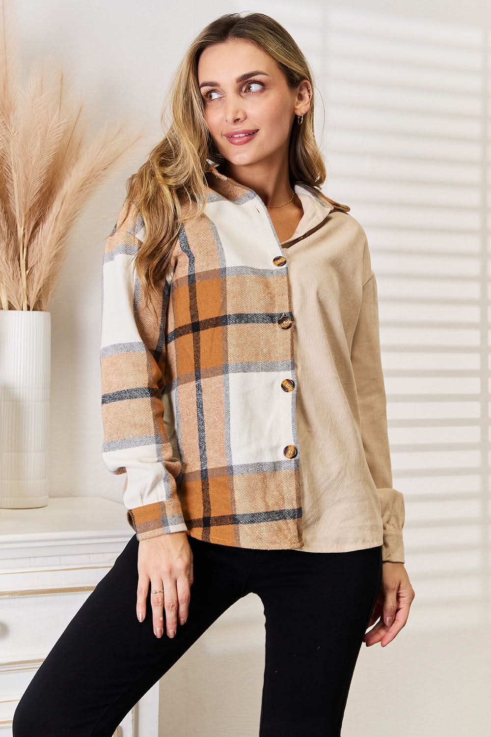 Perfee Plaid Print Dropped Shoulder Shirt - ShalayeFashion
