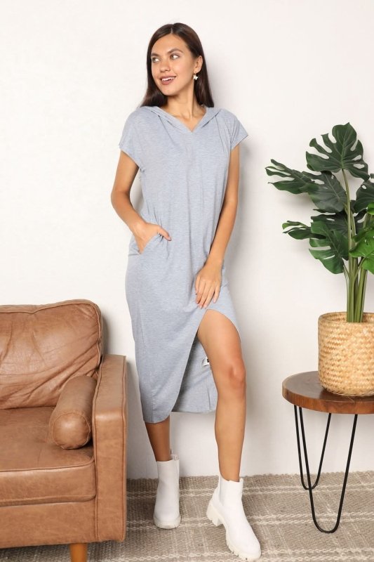 Perfee Short Sleeve Front Slit Hooded Dress - ShalayeFashion
