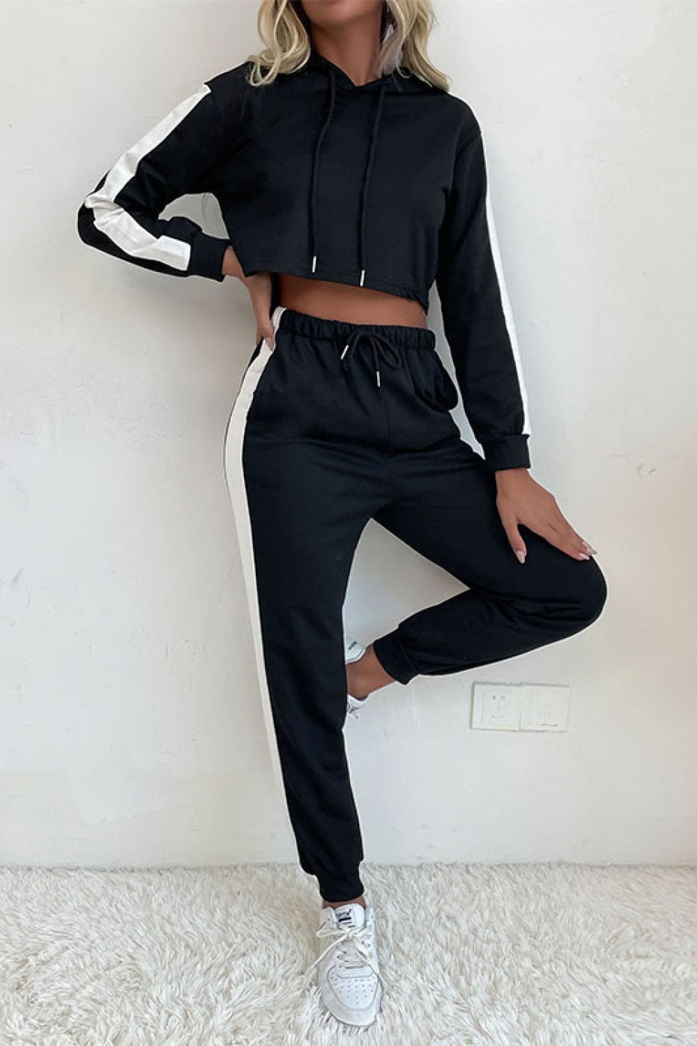 Perfee Side Stripe Cropped Hoodie and Jogger Set - ShalayeFashion