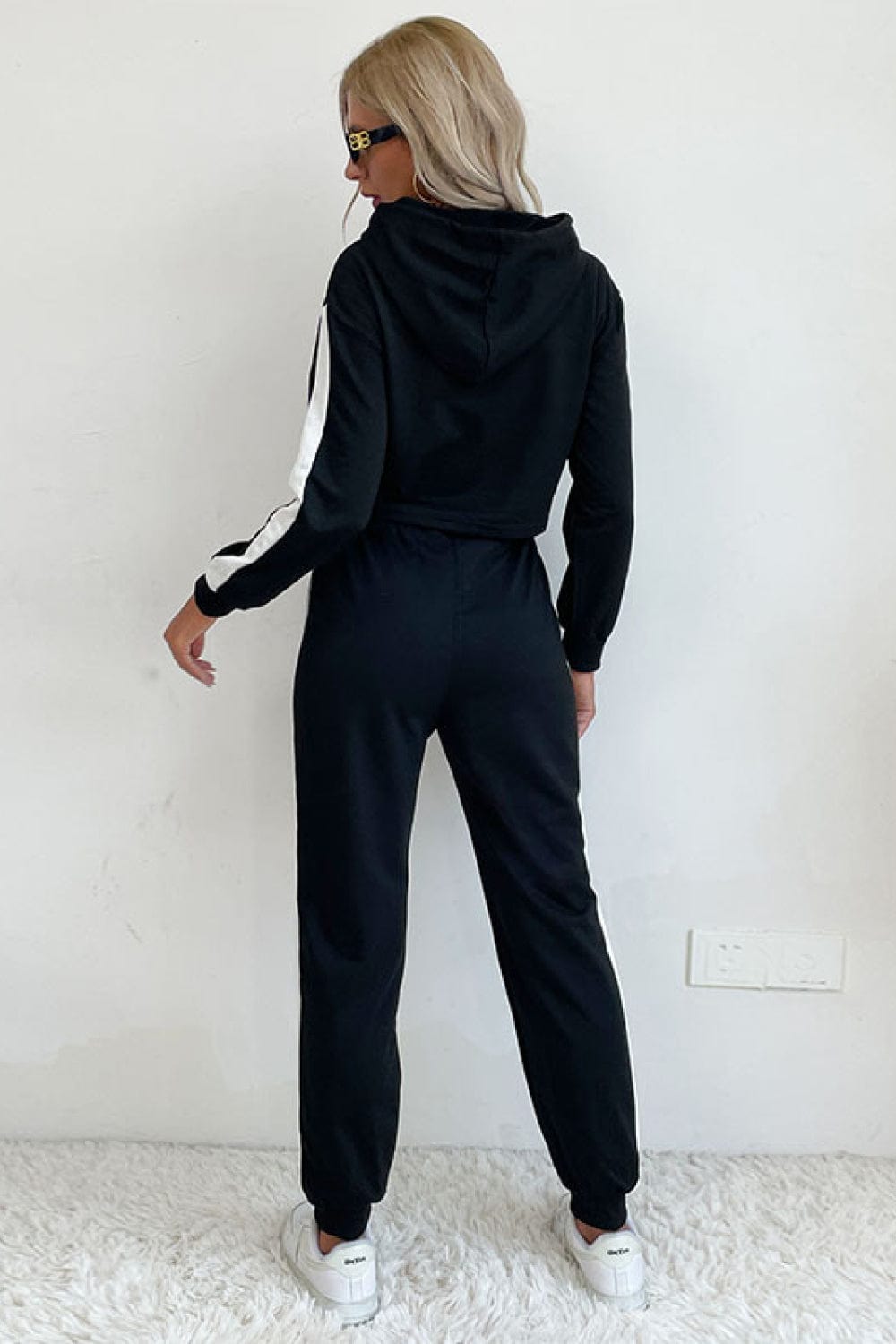 Perfee Side Stripe Cropped Hoodie and Jogger Set - ShalayeFashion