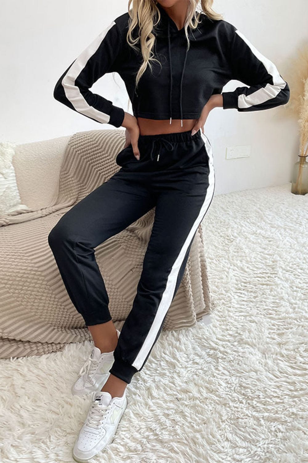 Perfee Side Stripe Cropped Hoodie and Jogger Set - ShalayeFashion