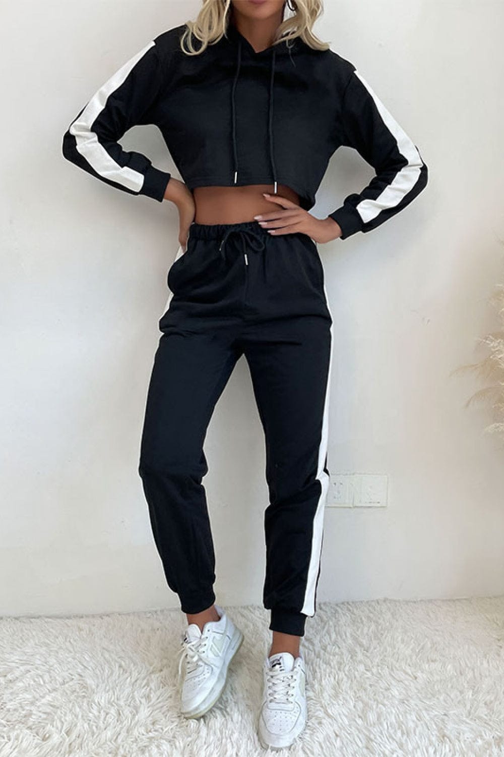 Perfee Side Stripe Cropped Hoodie and Jogger Set - ShalayeFashion