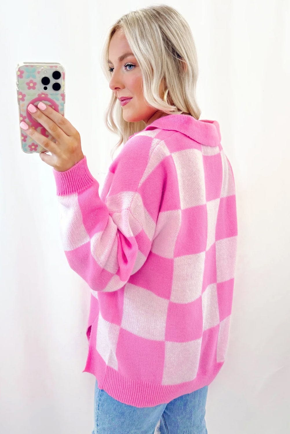 Pink Checkerboard Collared Sweater - ShalayeFashion