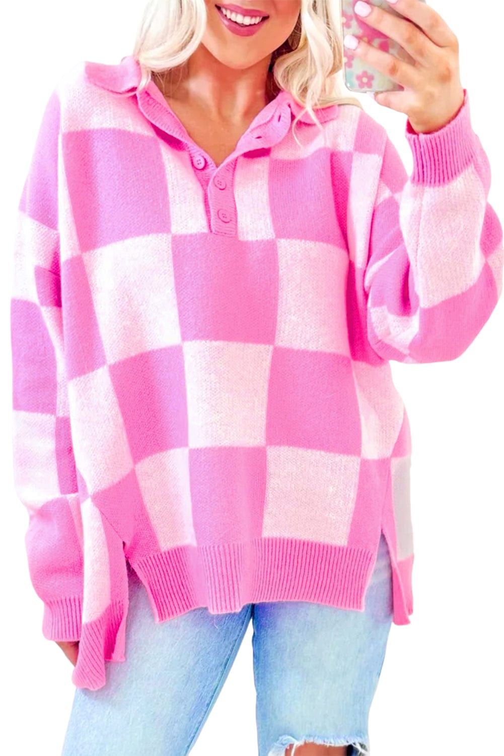 Pink Checkerboard Collared Sweater - ShalayeFashion
