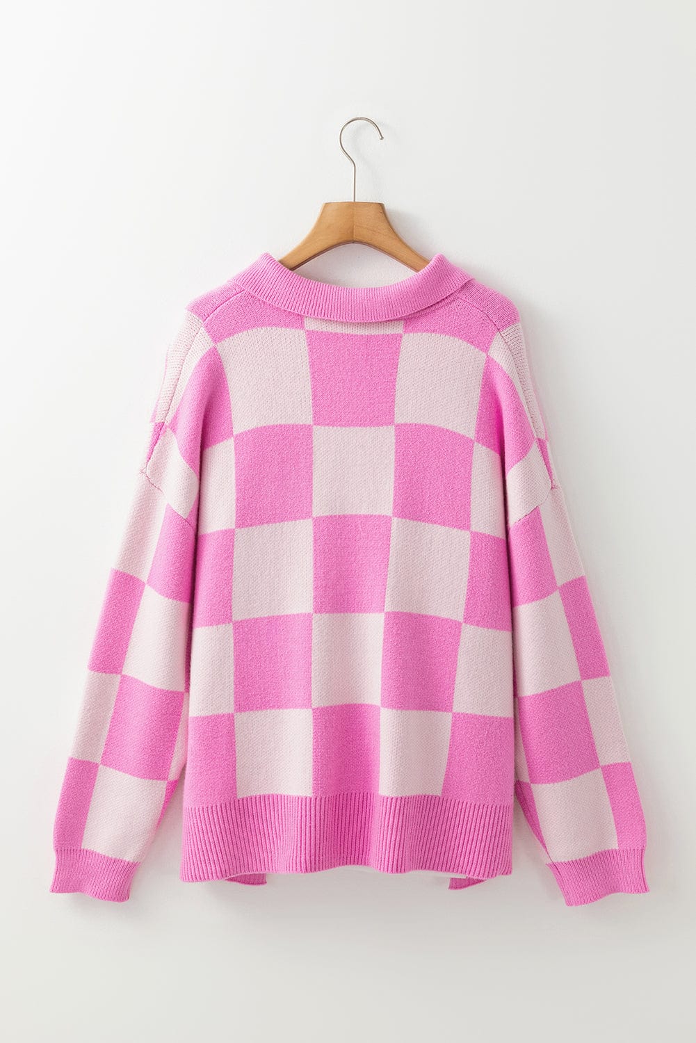 Pink Checkerboard Collared Sweater - ShalayeFashion