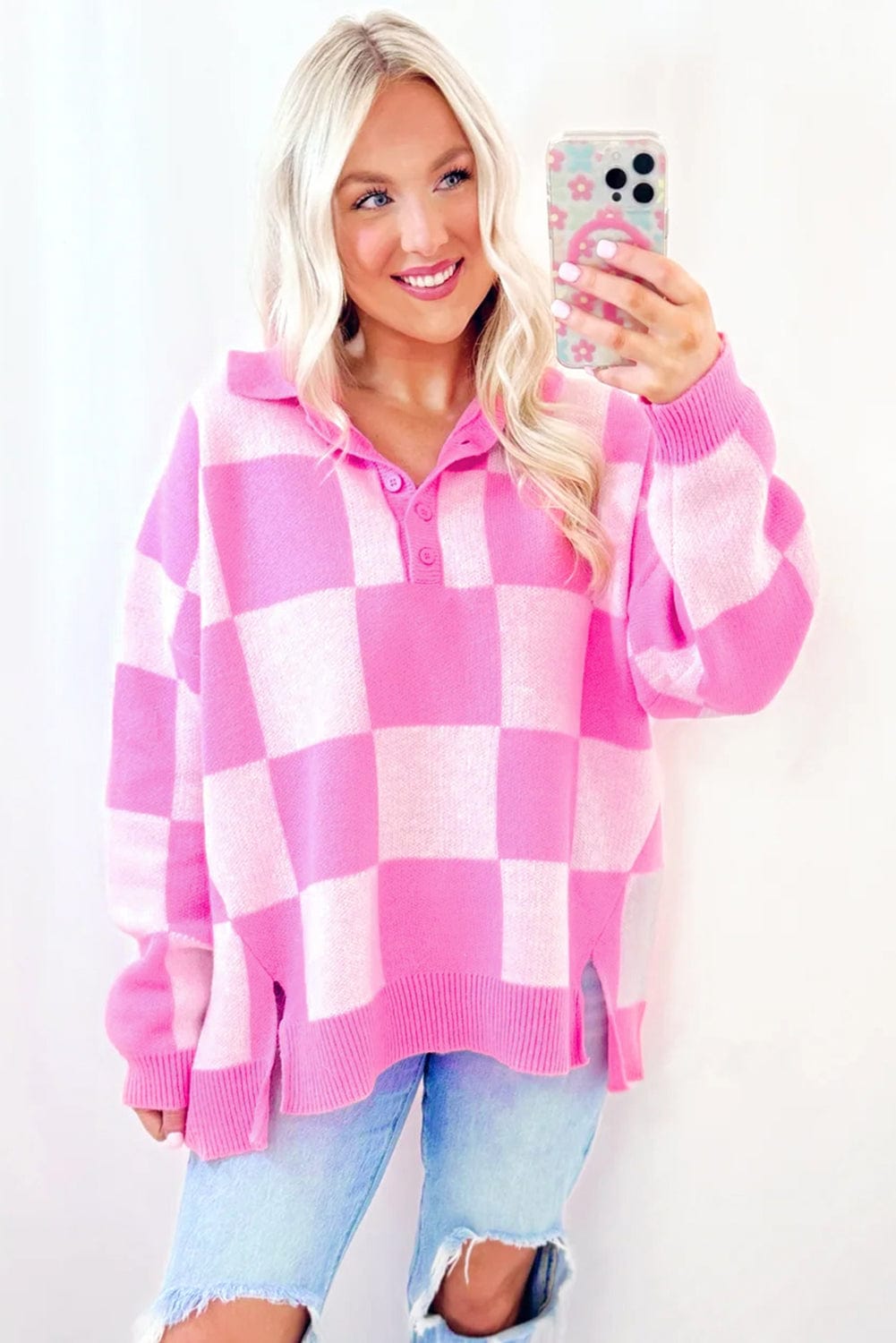 Pink Checkerboard Collared Sweater - ShalayeFashion