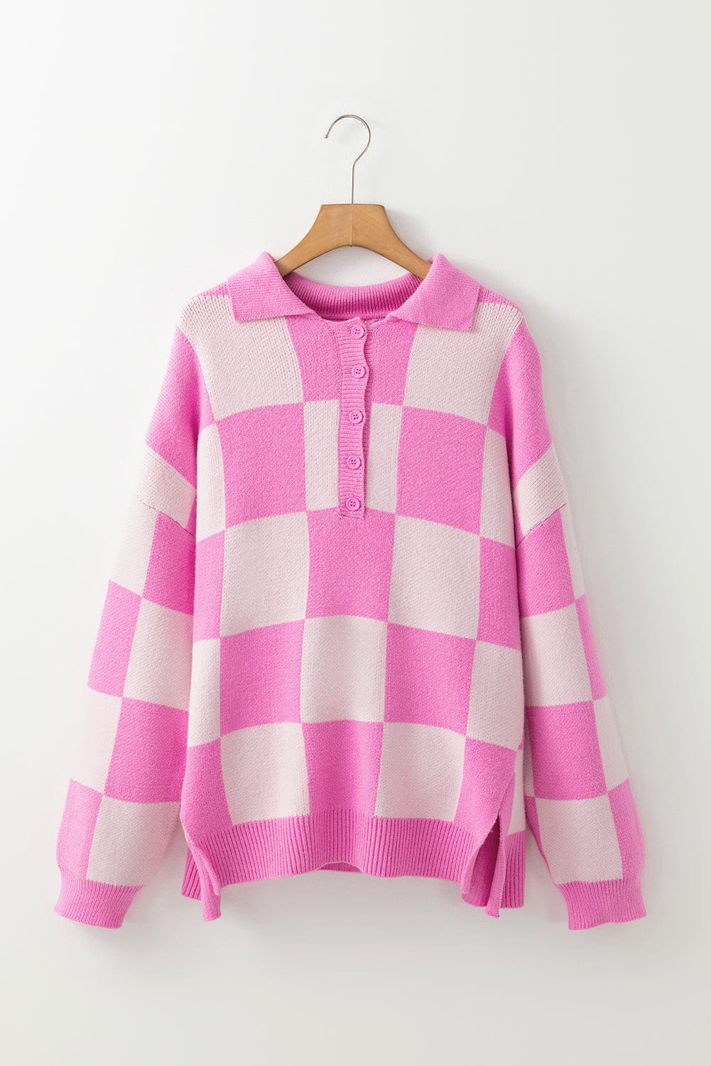 Pink Checkerboard Collared Sweater - ShalayeFashion
