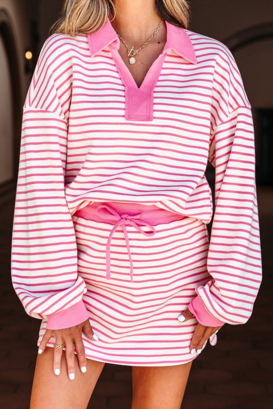 Pink Stripe Pullover & Skort Outfit - ShalayeFashion
