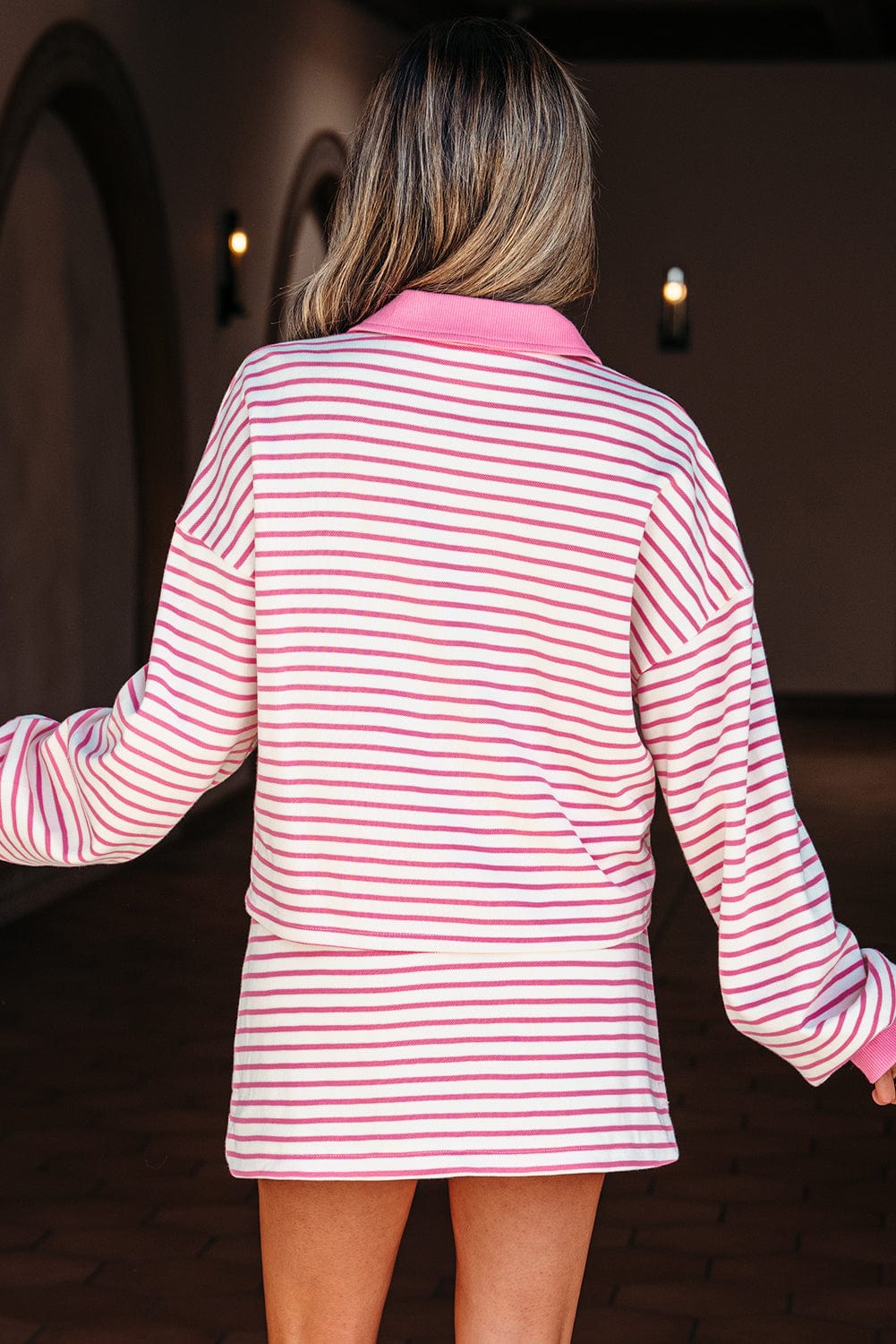 Pink Stripe Pullover & Skort Outfit - ShalayeFashion