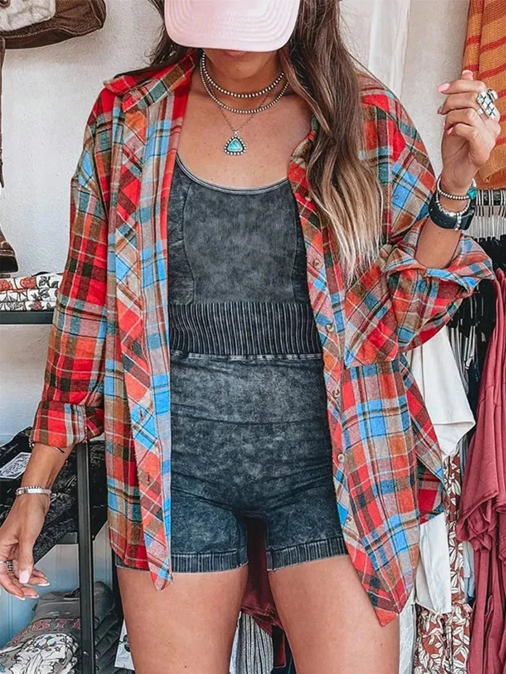 Plaid Collared Neck Long Sleeve Shirt - ShalayeFashion