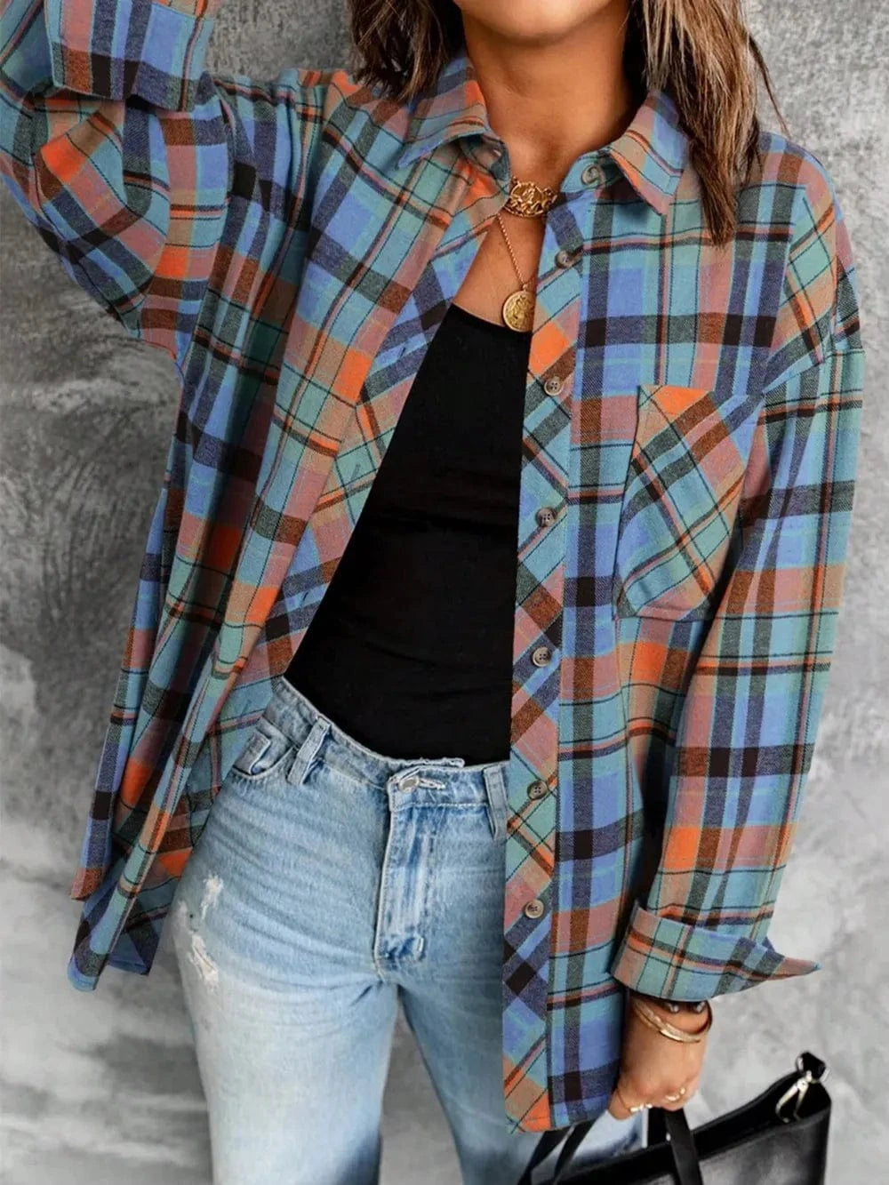 Plaid Collared Neck Long Sleeve Shirt - ShalayeFashion